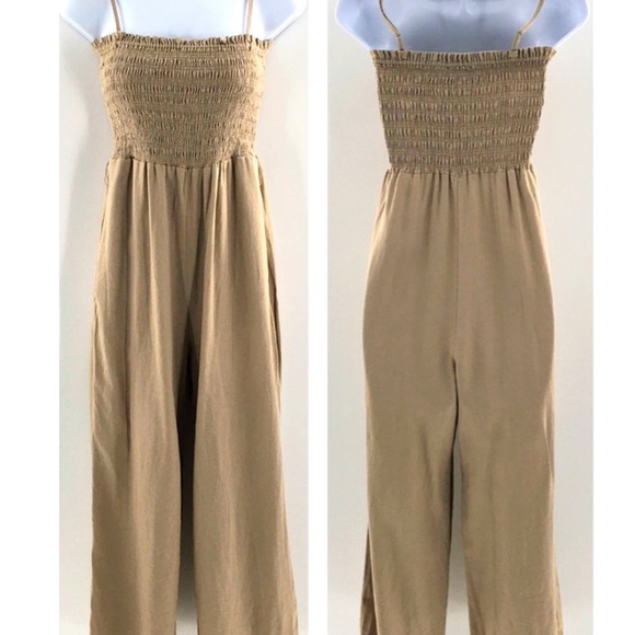 House of Harlow Linen Blend Jumpsuit Brown Sleeveless Cropped Smocked Top Sz XS - Picture 1 of 11